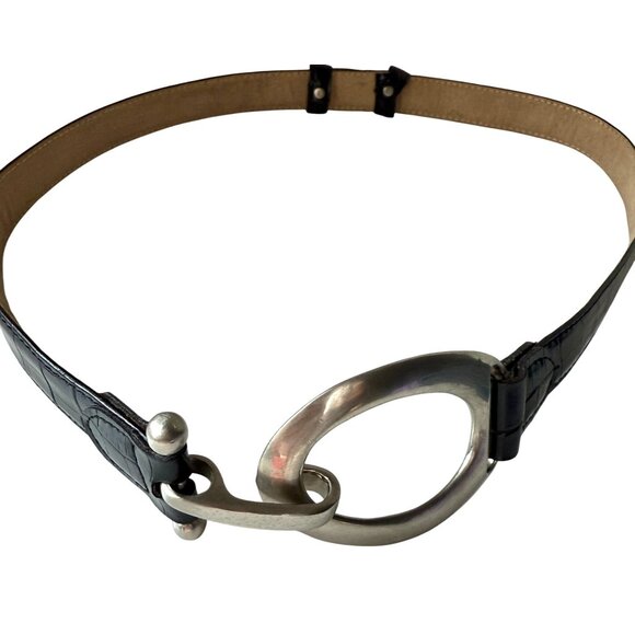 Genuine Leather Silver Oval Ring Hook Buckle Belt Womens Size ML Black Classic - Picture 1 of 9